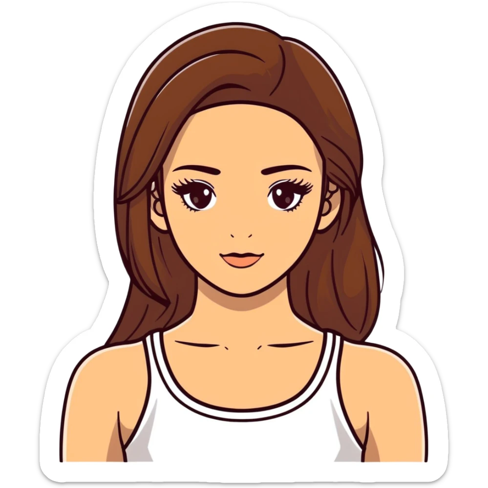 beautiful girl, long straight brown hair, brown eyes with lashes, wearing a white crop top, tan skin sticker