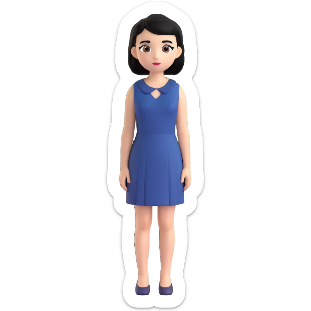 A girl with black hair, dark brown eyes, a beautiful face, short, straight hair to the shoulders, and a navy blue dress. sticker