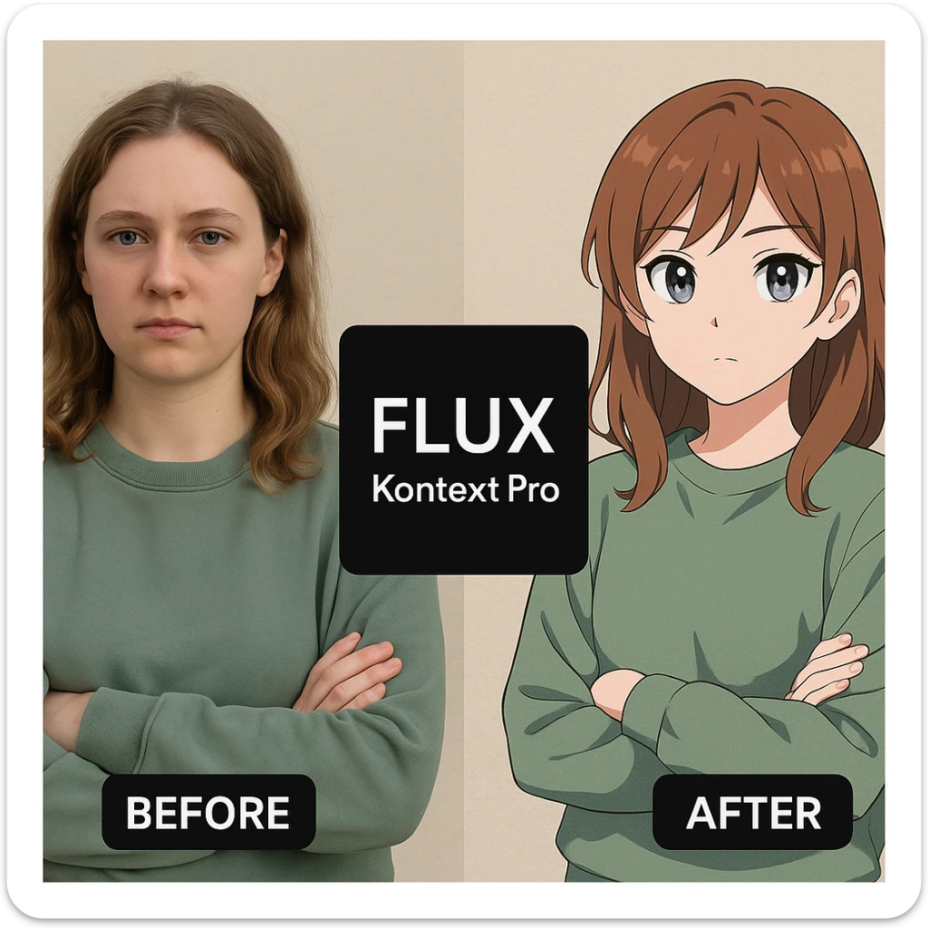 create before after image of a girl before is realsitic photo, after is anime version of her in same pose and clothes, add logo with text of a "FLUX Kontext Pro" in middle in big, black background sticker
