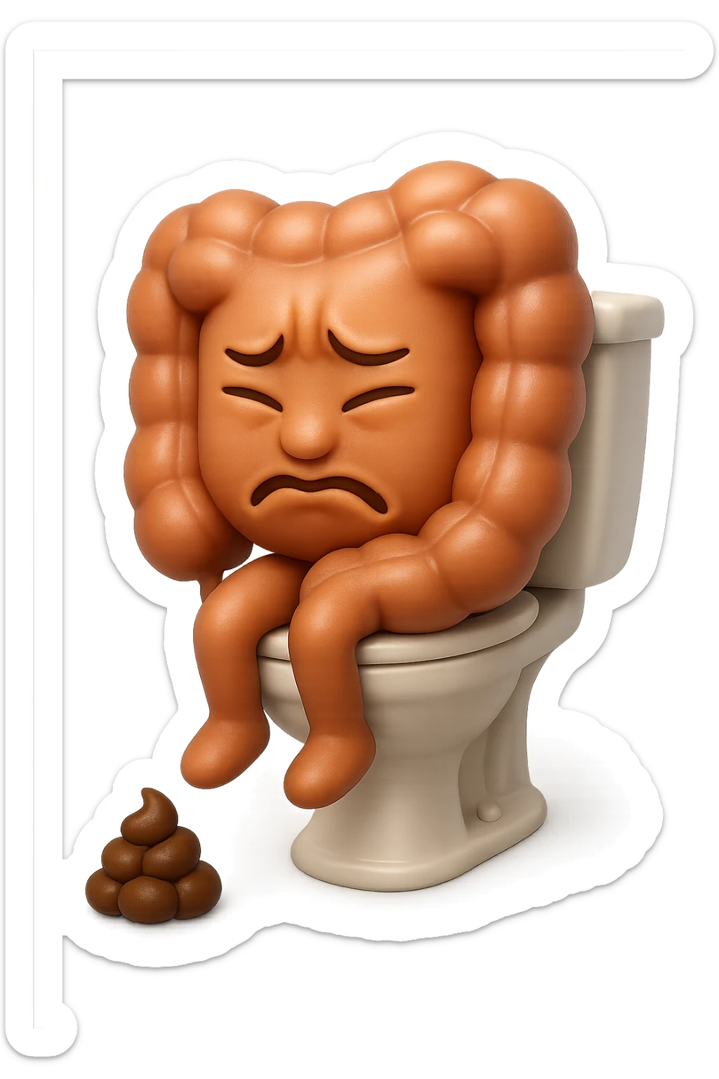 SU QUESTO STILE FAI UN EMOJI STILE IPHONE 3D DI UN INTESTINO CHE sta seduto sul wc e davanti ha una montagnetta di feci a palline stile emoji iphone, FAGLI UN ESPRESSIONE di dolore mentre si sforza E FALLO MOLTO REALISTICO IN 3D sticker