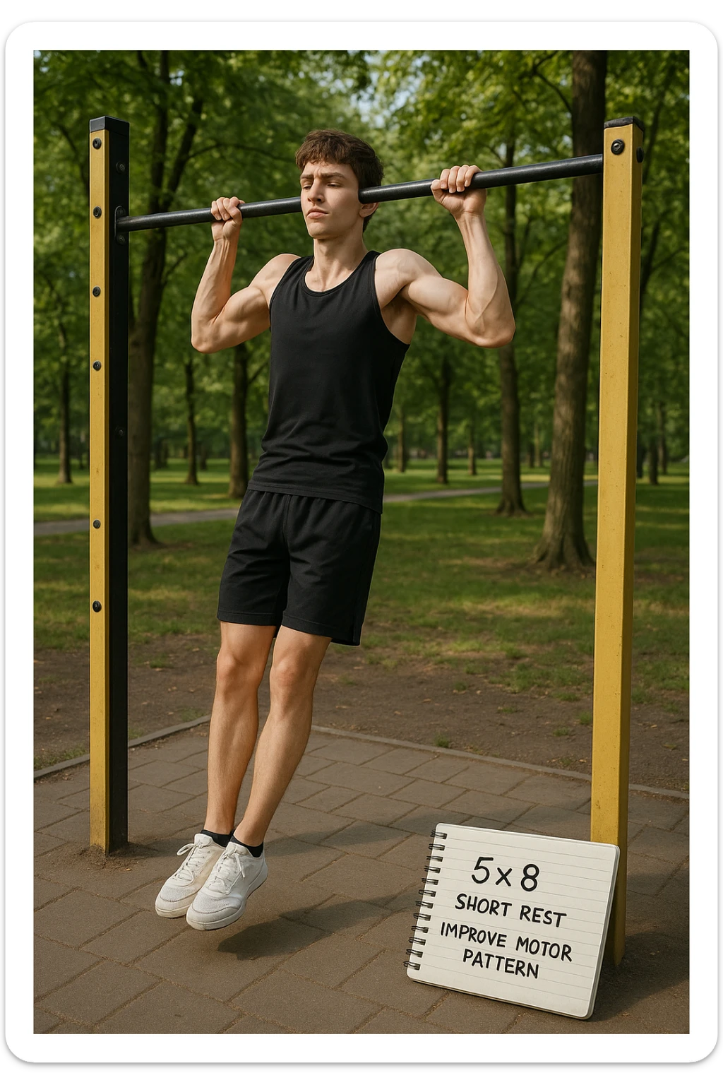 Giovane principiante dello streetlifting in un parco, fisico ancora asciutto, esegue lunghe serie di trazioni senza peso, con tecnica controllata. A terra, un taccuino con scritto '5x8 - riposo breve - migliorare schema motorio'. Espressione concentrata. Luce naturale, atmosfera educativa, senso di costruzione progressiva. sticker