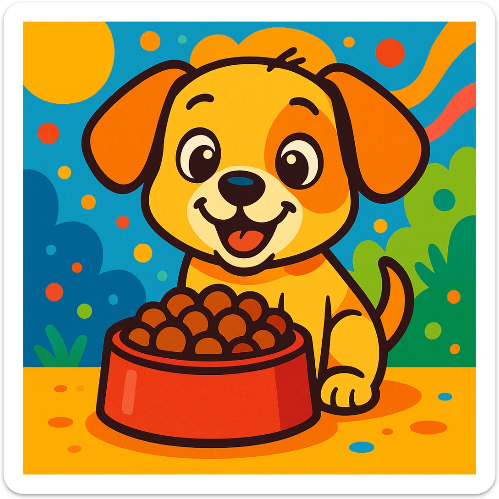 adorable puppy enjoying a bowl of food, vibrant toon style, cartoon style, cute and cheerful sticker