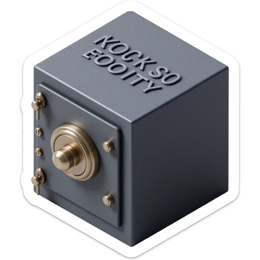 the front face of a secure bank vault, skeuomorphism style, metallic shine, realistic shadows, embossed details sticker