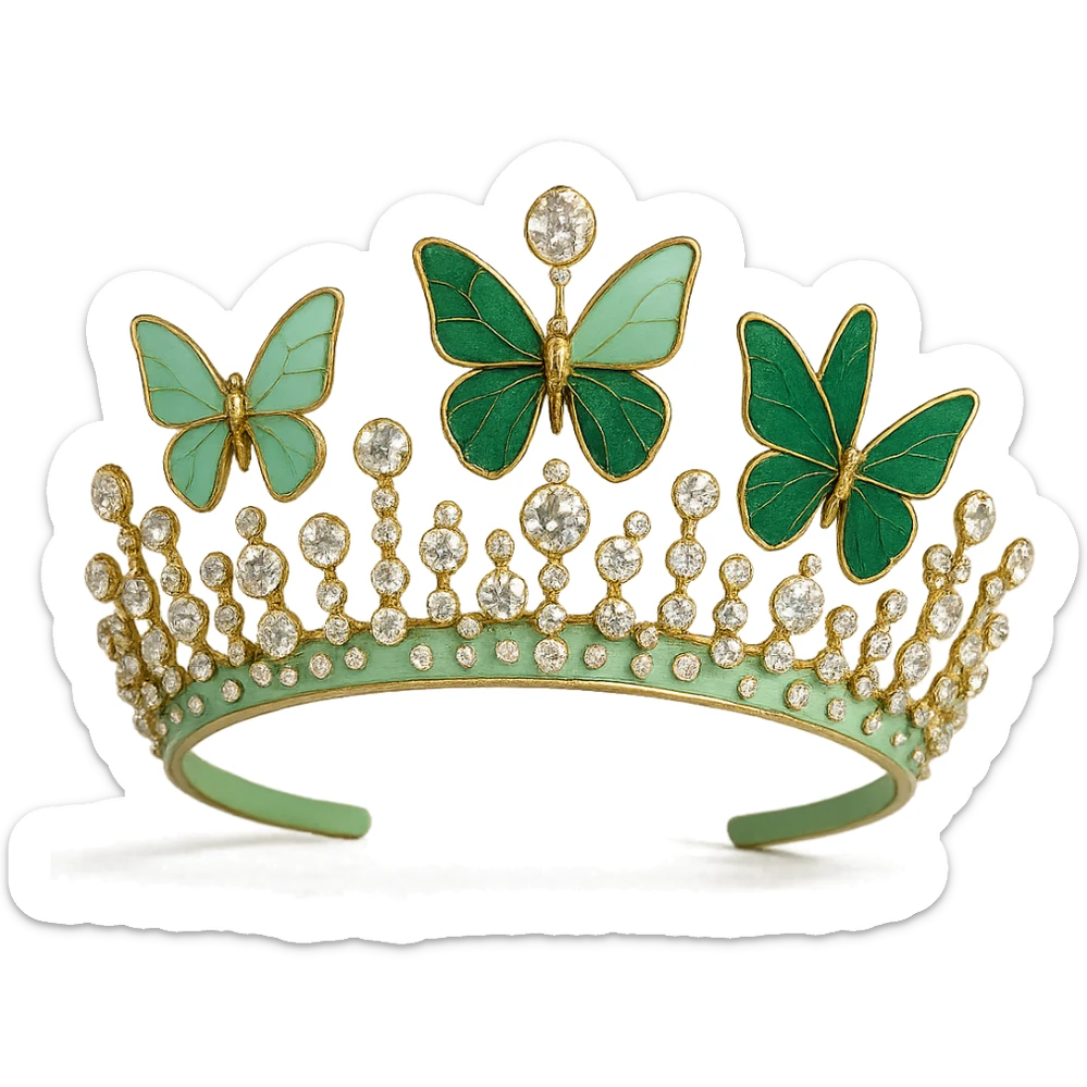 butterfly crown with a pastel green base, only a couple of butterflies in light and dark green enamel, sparkling gems sticker