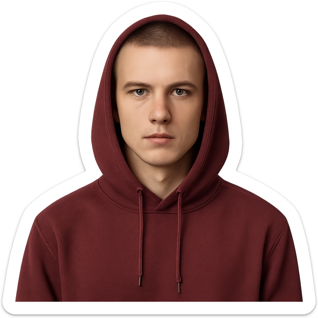 young European man in a maroon hoodie with hood up, short brown buzzcut, smooth skin, oval face, defined jawline, high cheekbones, sharp eyes, straight eyebrows, neutral expression sticker