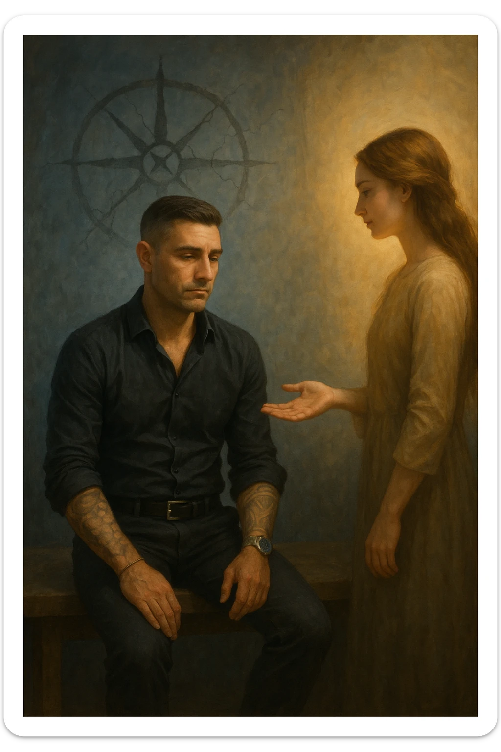 Uomo tra i 35 e i 45 anni seduto su una panchina o in una stanza tranquilla, sguardo rilassato ma spento, come sollevato nel mentale ma svuotato nello spirito. Davanti a lui una donna lo guarda con dolcezza, mano tesa come per offrire una soluzione. L’ambiente attorno all’uomo è grigio-bluastro, con la sua aura maschile che si dissolve leggermente, mentre intorno alla donna una luce calda e stabile. Sullo sfondo, un simbolo spezzato di bussola o direzione, a indicare la perdita di leadership interiore. Atmosfera riflessiva, stile realistico con simbolismi delicati sticker