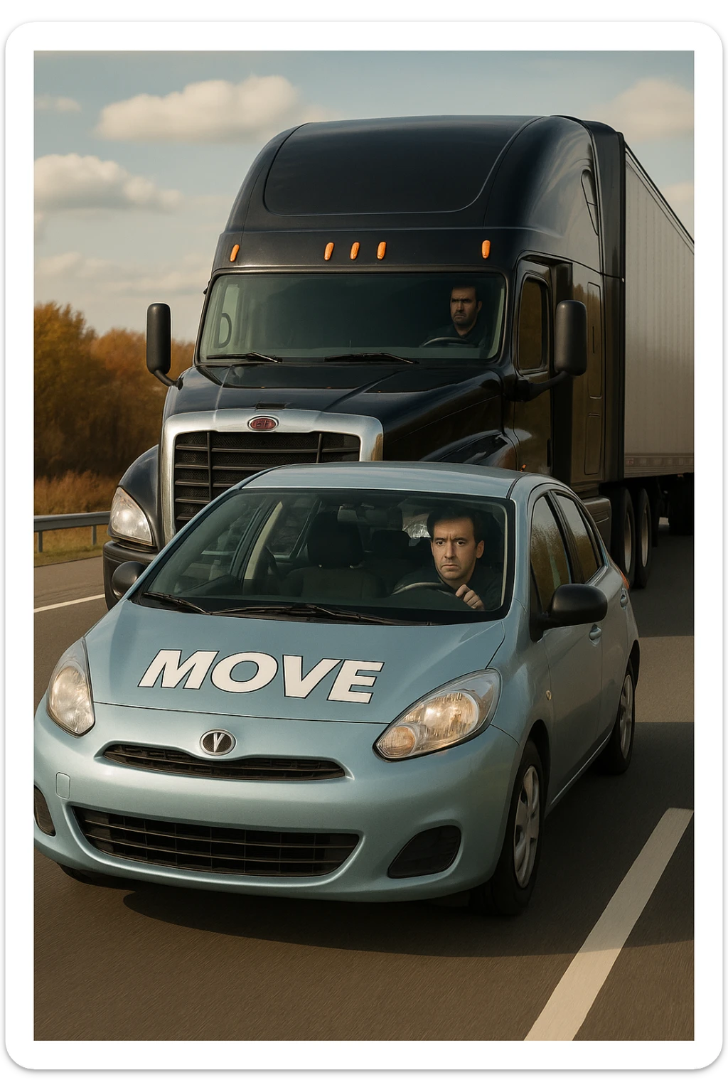 Change the semi truck to black, keep the rest of the scene the same, in a realistic style. sticker