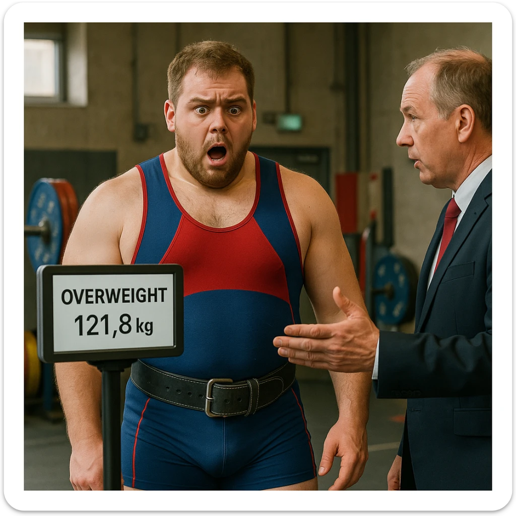 realistic European powerlifter in competition clothing, standing in front of a digital scale showing an overweight reading, shocked and disappointed expression, competition official communicating exclusion, tense atmosphere, detailed, background of weightlifting room or weigh-in area sticker