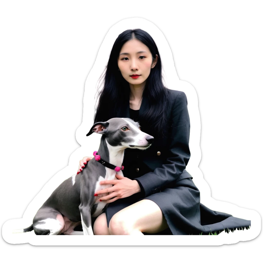 A beautiful 25-year-old Chinese woman with long black hair and a pure dark grey Italian Greyhound with absolutely NO white markings anywhere on its body sitting under a cherry blossom tree. The dog must be completely solid dark grey with no white on muzzle, paws, or chest. sticker