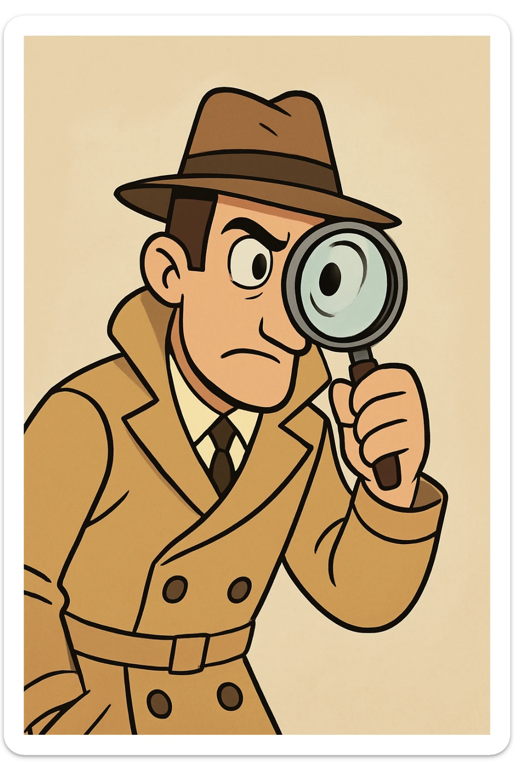 a detective in a trench coat, holding a magnifying glass up to one eye, classic sleuth look, cartoon style sticker