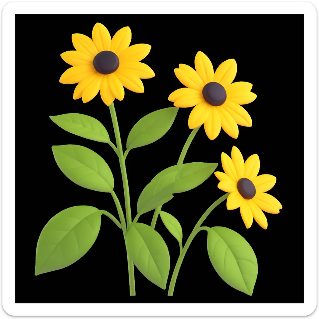 bright yellow rudbeckia flower with voluminous petals and green leaves, 3D iOS style sticker