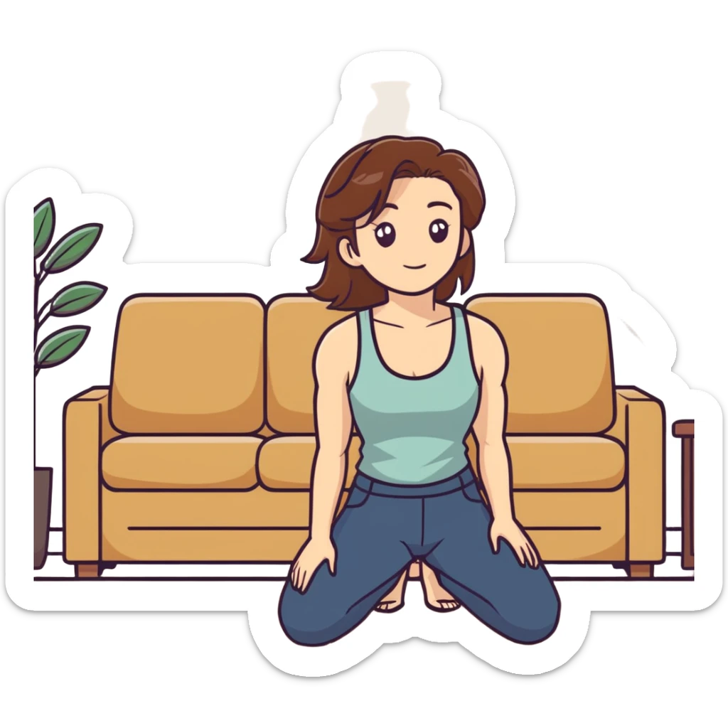 One Caucasian woman with brown hair big boobs wearing pants and a tank top, kneeling on the ground next to a couch with a bald man sitting on it.  sticker