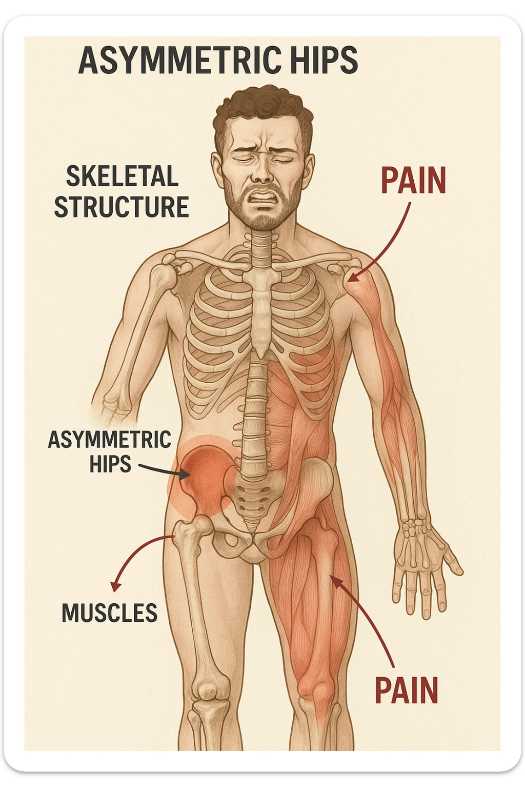 Uomo con dolore per via dei suoi fianchi asimmetrici vista anatomica sticker