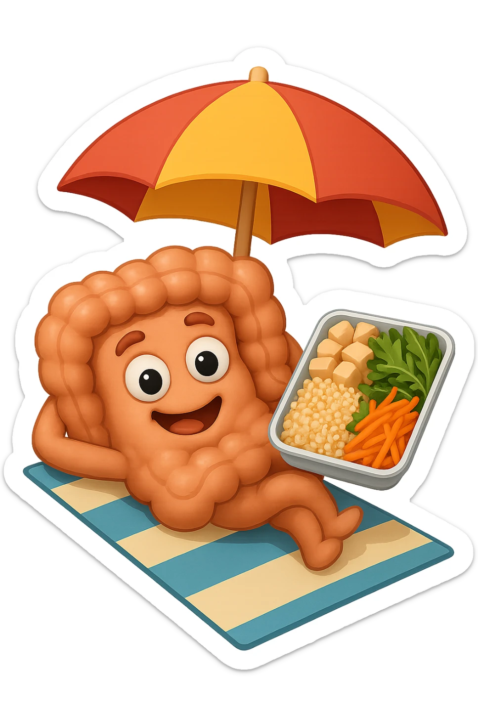 EMOJI STILE IPHONE DI INTESTINO IN SPIAGGIA SU UNA SPIAGGINA SOTTO L'OMBRELLONE CON IN MANO UNA SCHISCETTA DI Insalata di quinoa e pollo con rucola e carote, iperrealistica 4k sticker