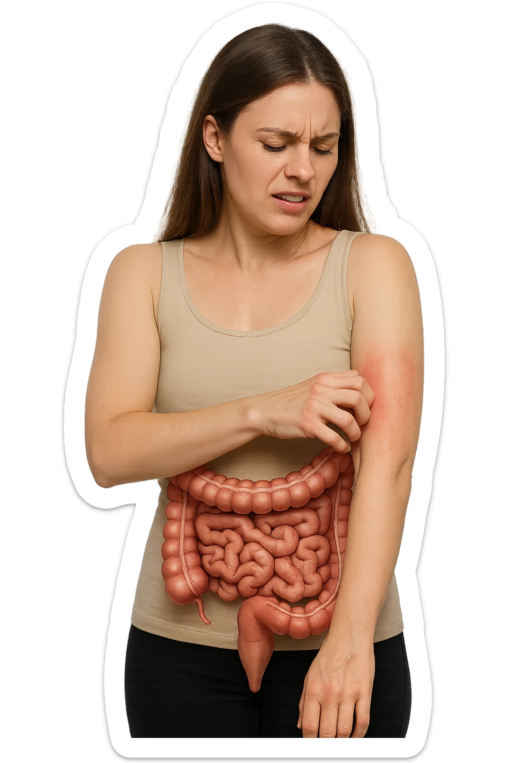 donna con intestino umano anatomico realistico che si gratta il braccio su cui ha un'eritema, iperrealistica 4k sticker