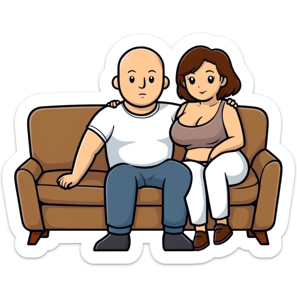 One Caucasian woman with brown hair big boobs wearing pants sitting on a couch with a bald man sticker