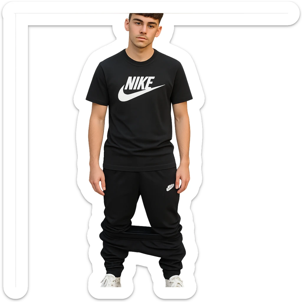 chico de pelo moreno, corte taper fade, flequillo a las cejas, camiseta Nike negra, pantalones Nike negros bajados, zapatillas Dior blancas sticker