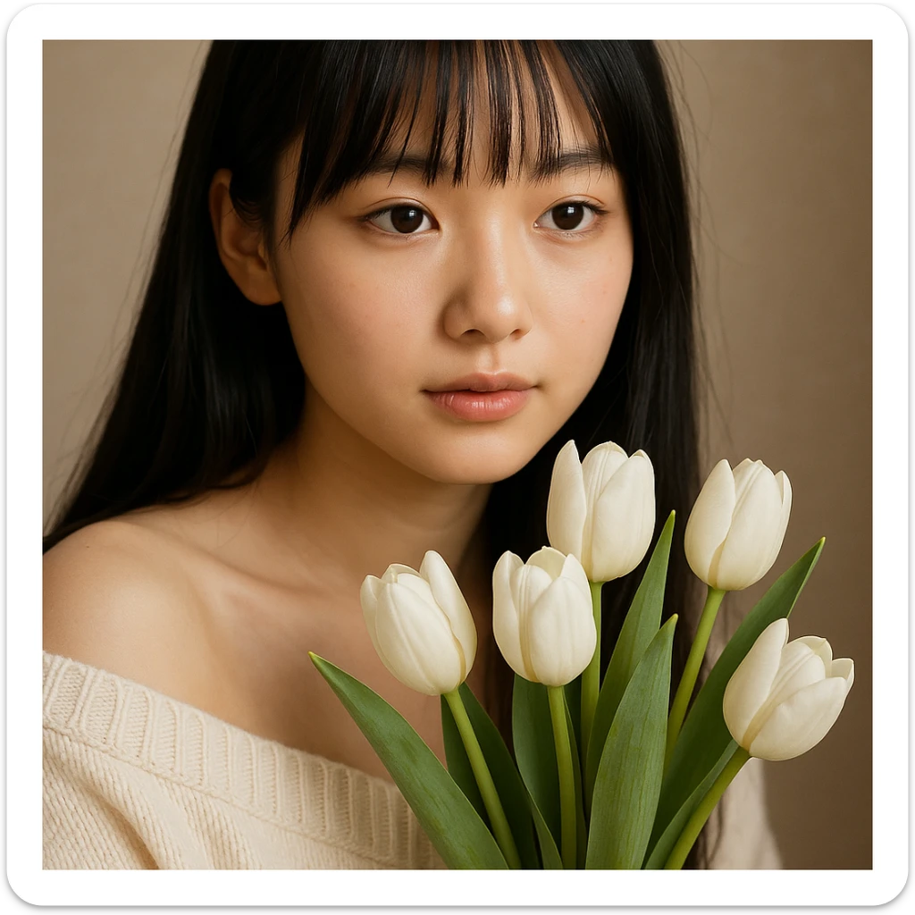 close-up view of a girl with long black hair, thin bangs, and black eyes, wearing a cream off-shoulder sweater, holding a bouquet of white tulips sticker