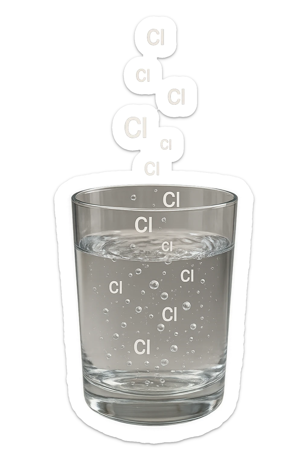 un bicchiere di acqua fluttua in aria realistico e dettagliato, dentro l'acqua del bicchiere ci sono particelle di cloro ben visibili con la scritta "Cl" sopra, ci sono particelle anche che escono dal bicchiere e fluttuano in aria verticalmente, mentre alcune sono all'interno dell'acqua nel bicchiere, iperrealistico 4k sticker