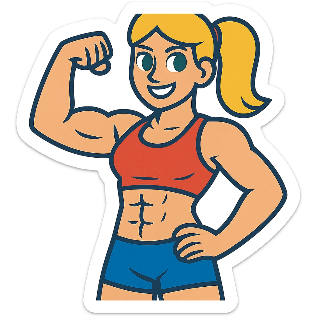 full body pose of a muscular white girl with blonde hair and green eyes, flexing 6 pack abs and one arm bicep sticker