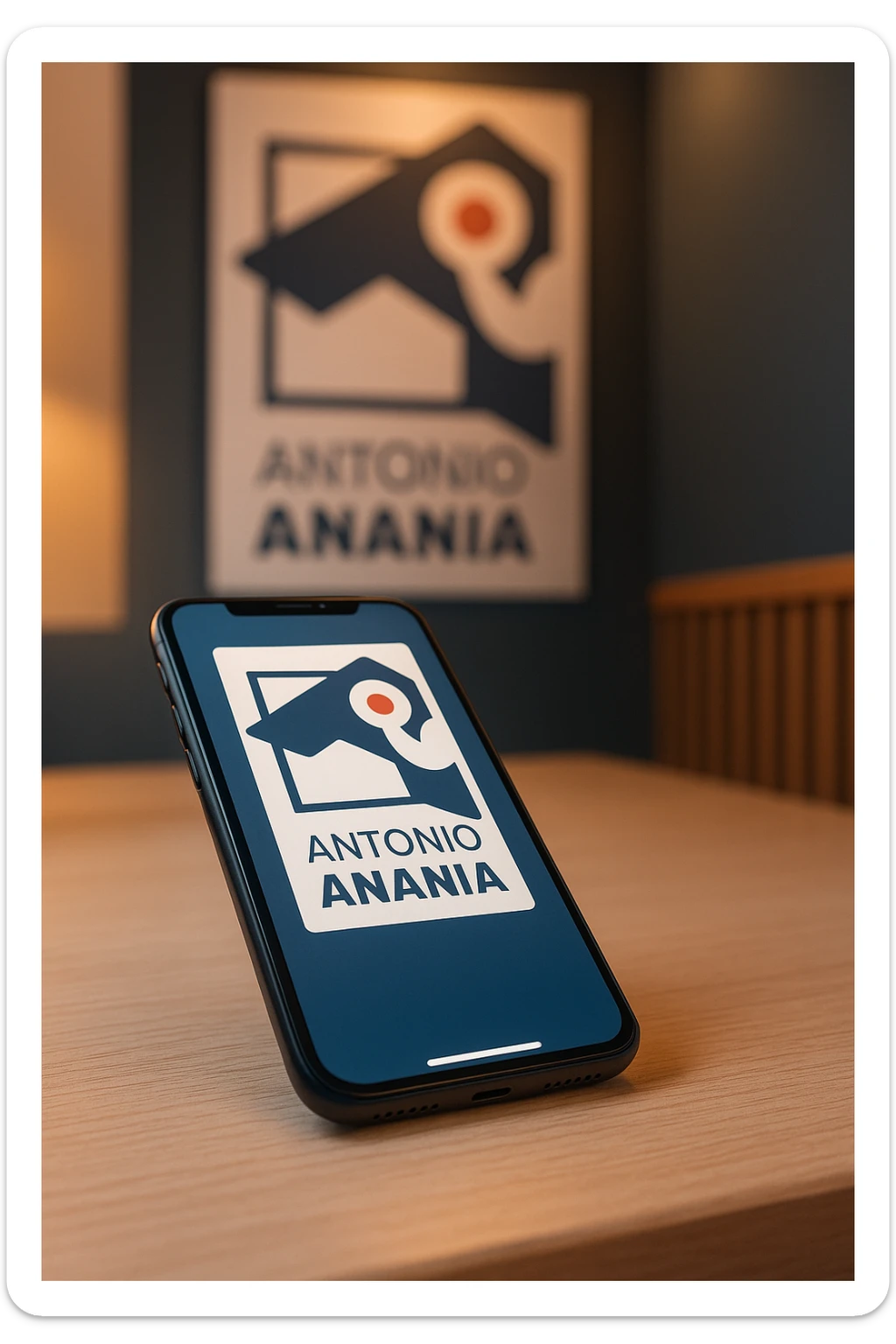 A photo of an iPhone on the desk with the logo of "Antonio Anania" on its screen, The phone sits atop a desk with a blurred with the logo in the background that suggests work environment. A faint glow from above casts gentle shadows across the surface of each object, creating depth and highlighting their textures sticker