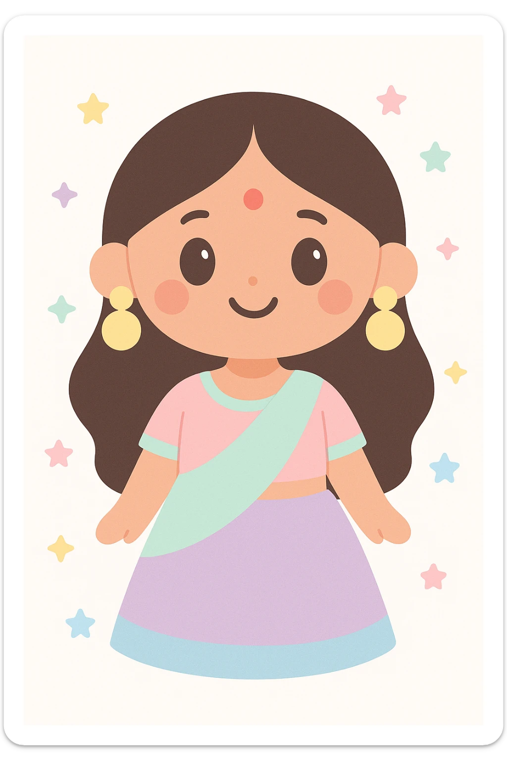 Indian girl smiling, wearing traditional attire with bindi, lehenga, and large earrings, festive and colorful sticker