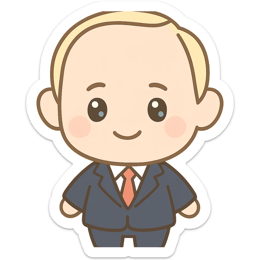 Putin as a chibi character, suit and tie, smiling sticker