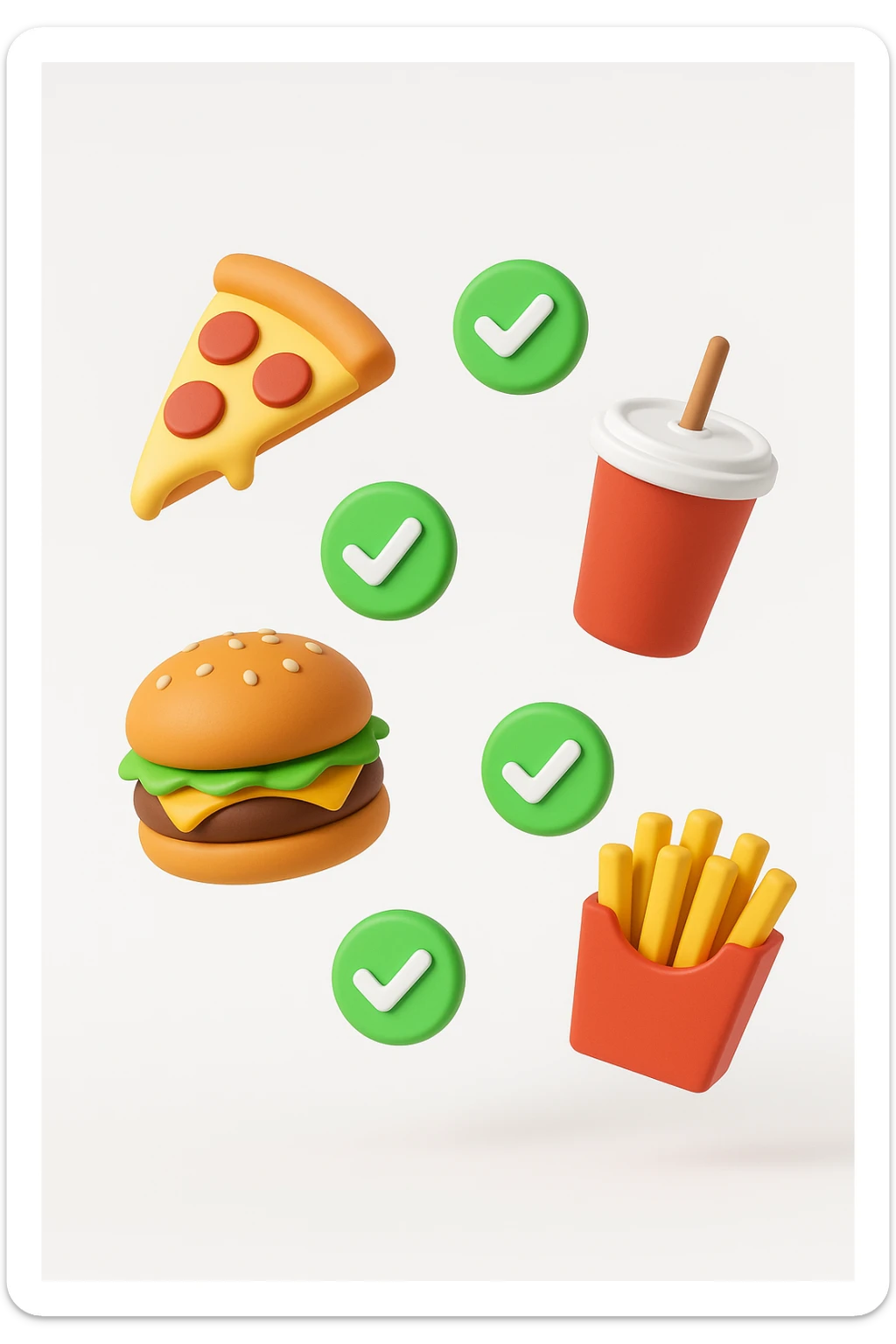fast food fluttua in aria insieme a spunte di verificato in 3d, sfondo bianco sticker