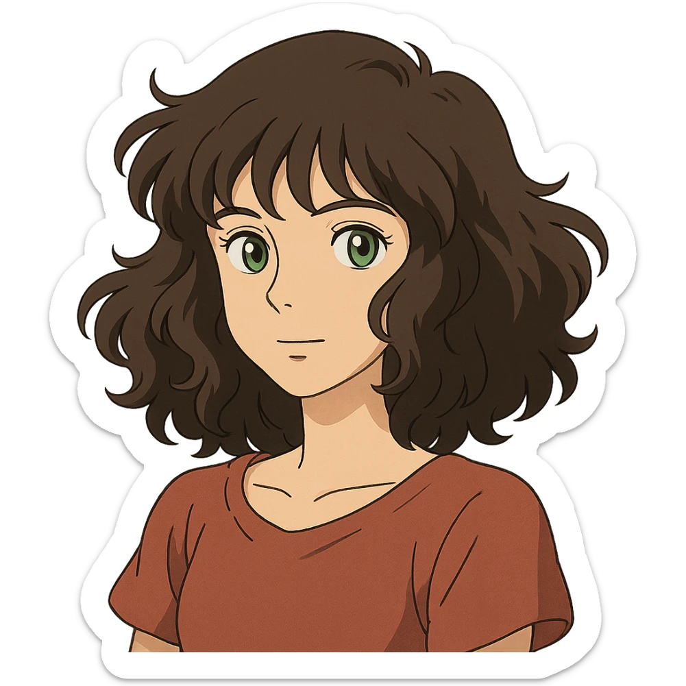 ghibli style illustration of a woman with wavy dark brown hair and green eyes sticker
