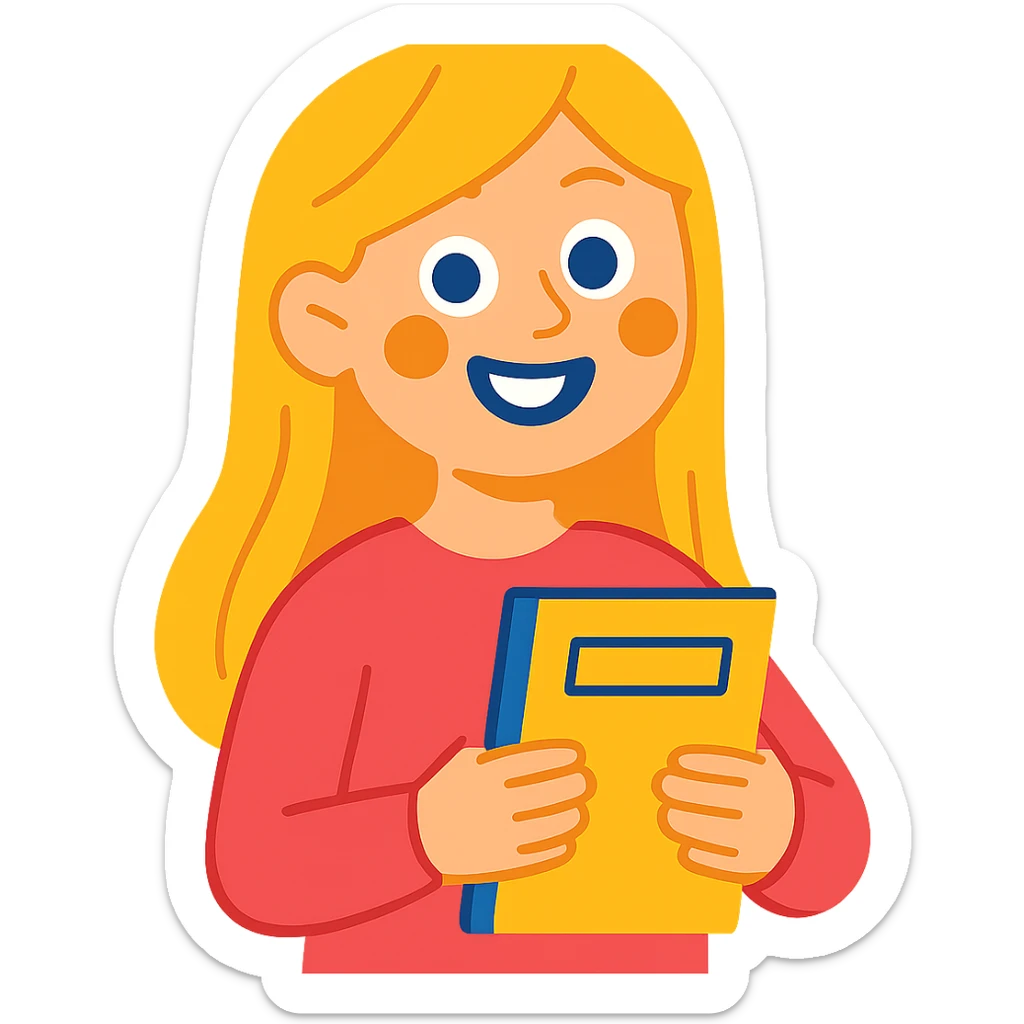 A blonde girl wearing a pink sweater, holding a notebook in her hands, smiling sticker