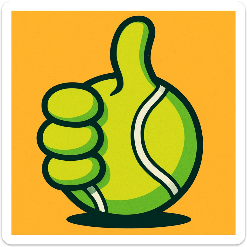 cartoon thumbs up in the shape of a tennis ball, vibrant colors, energetic style sticker