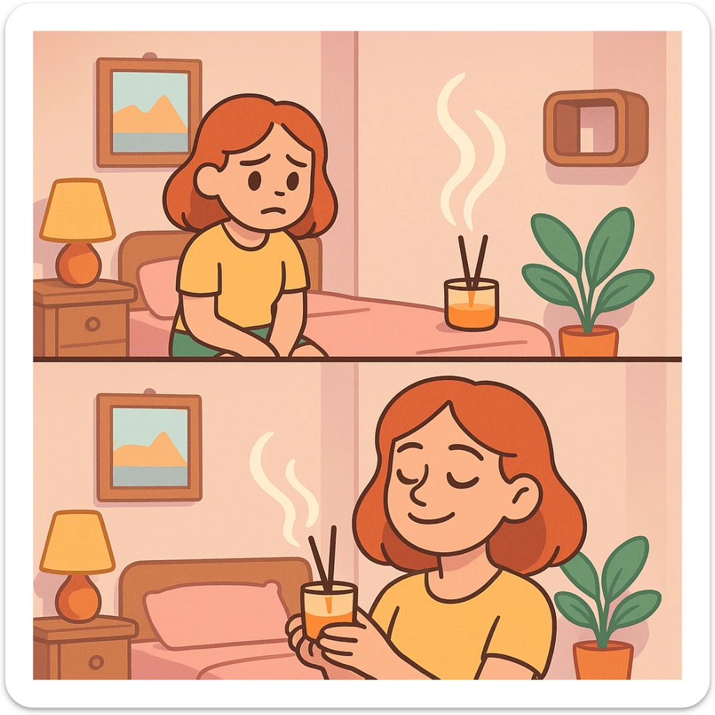 a girl in a bedroom, looking sad, then smelling a scent like from a candle or diffuser, her mood changing to relaxed, pastel toon style sticker