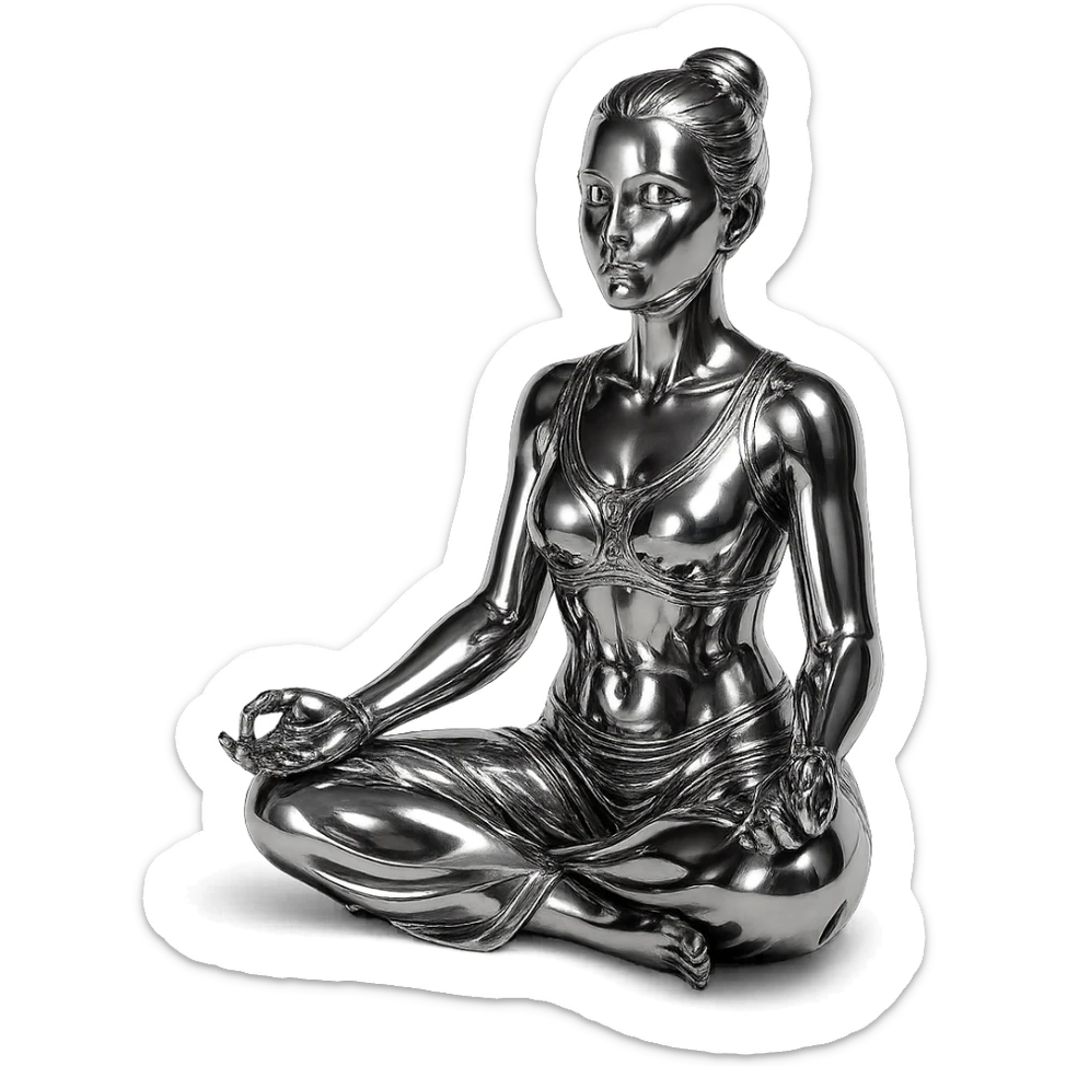 metallic chrome figure of a woman meditating in the lotus position, serene and peaceful sticker