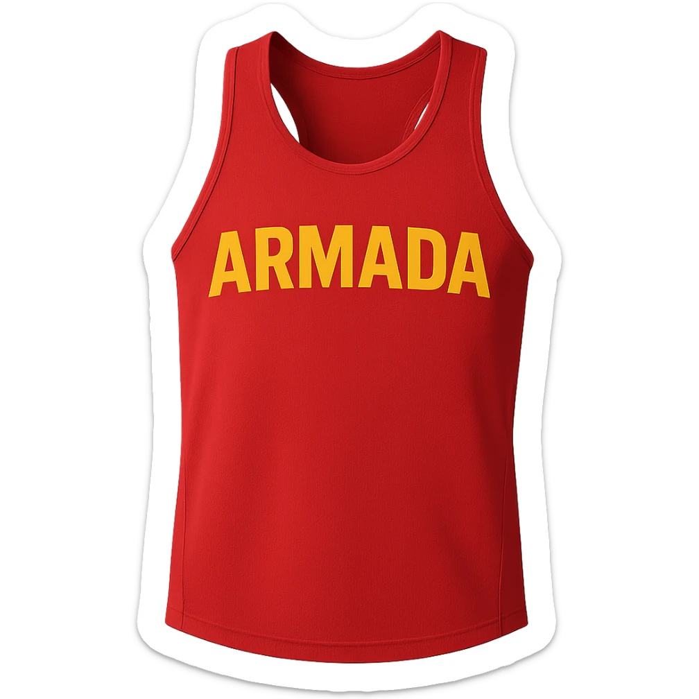 red singlet jersey with the word 'Armada' in clear bold yellow text, sporty design sticker