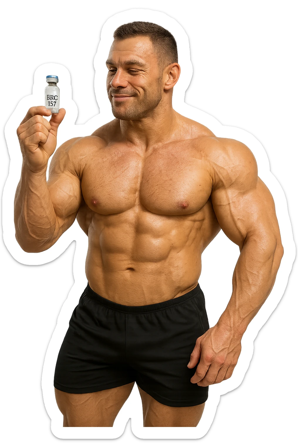BODYBUILDER A FIGURA INTERA CHE TIENE IN MANO UNA FIALA MEDICA CON la scritta "BPC 157" SULL'ETICHETTA E LA GUARDA SODDISFATTO, iperrealistico 4k sticker