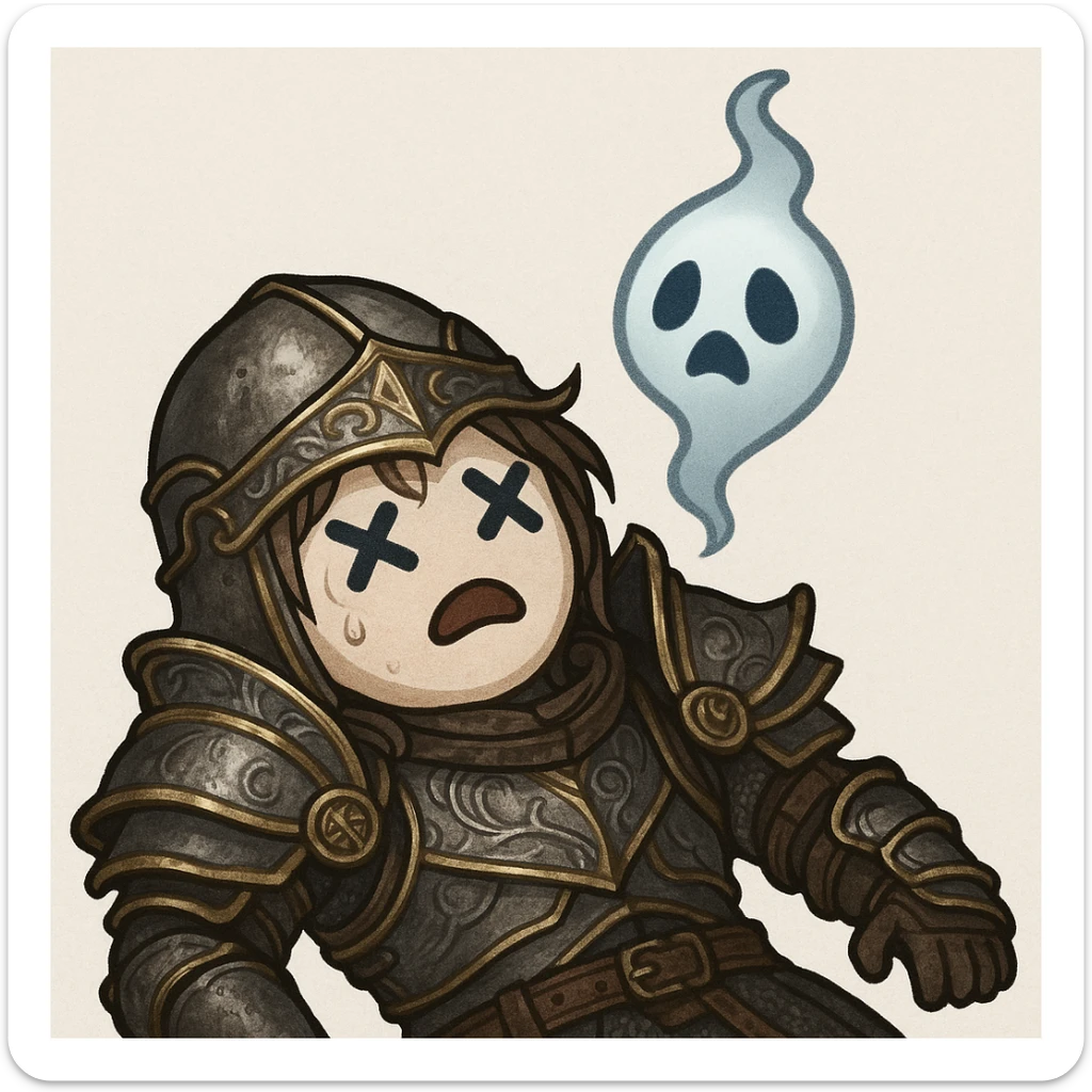 Black Desert Online themed emoji showing a defeated or fainted character, referencing the game's art style, with X eyes or a ghostly spirit rising sticker
