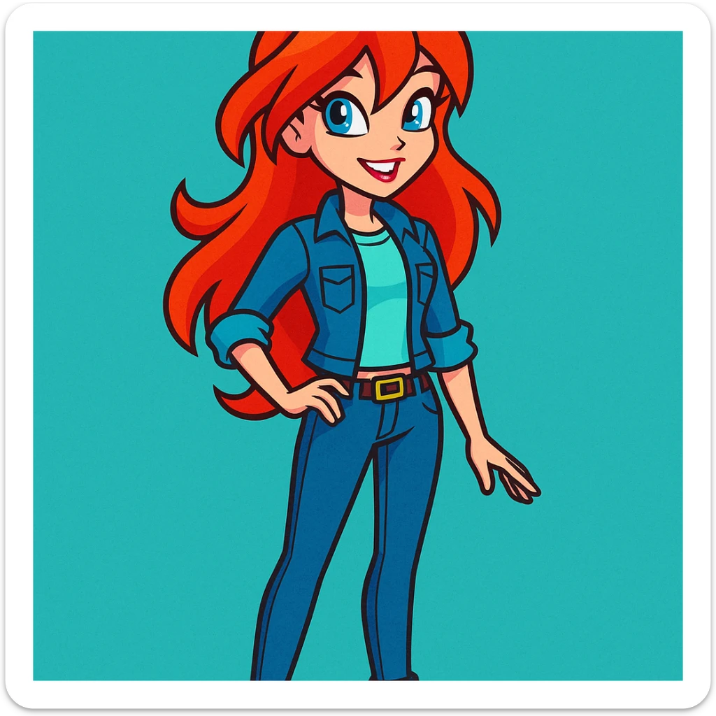 Bloom from Winx Club in casual clothes, standing, vibrant toon style, no glowing aura, casual modern look, smiling sticker