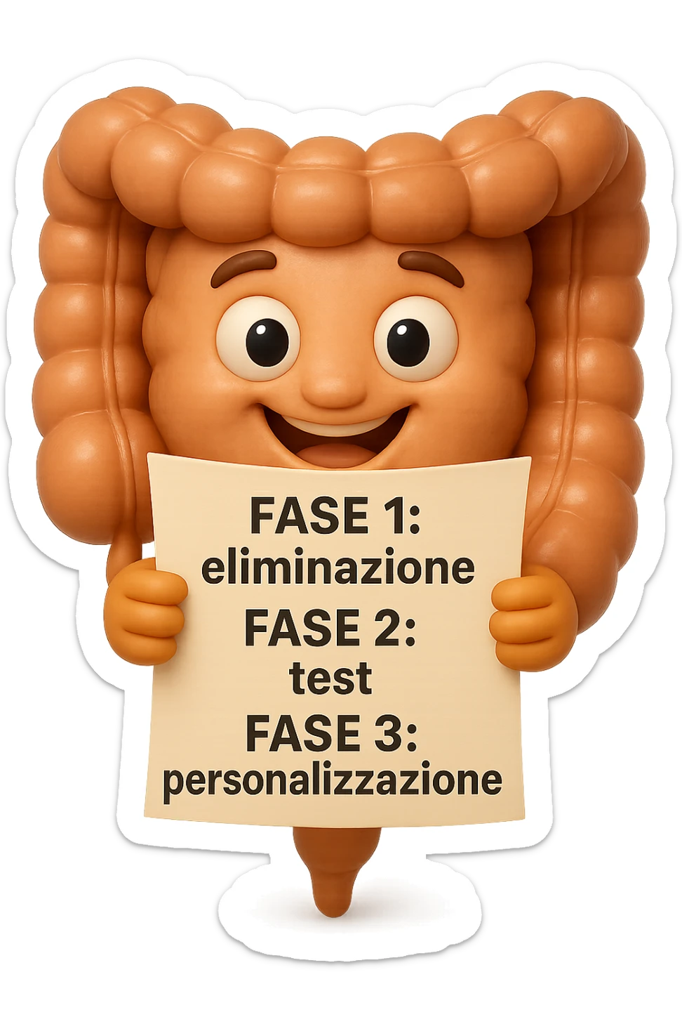 emoji stile iphone 3d di un intestino che tiene in mano un foglio con la scritta "FASE 1: eliminazione, FASE 2: test, FASE 3: personalizzazione, IPERREALISTICO 4K sticker