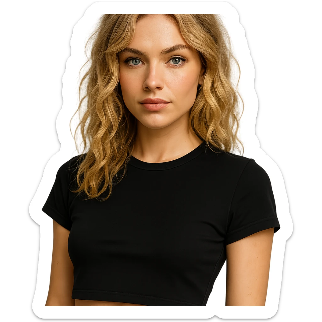 stylish blonde girl with wavy hair, blue eyes, left nose ring, black cropped shirt, confident expression sticker