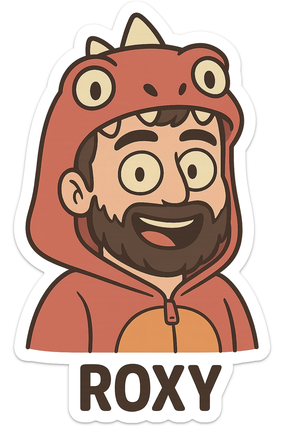 cartoon face of Roxy, red dinosaur onesie hood, dark hair, beard, same expression, same line style sticker