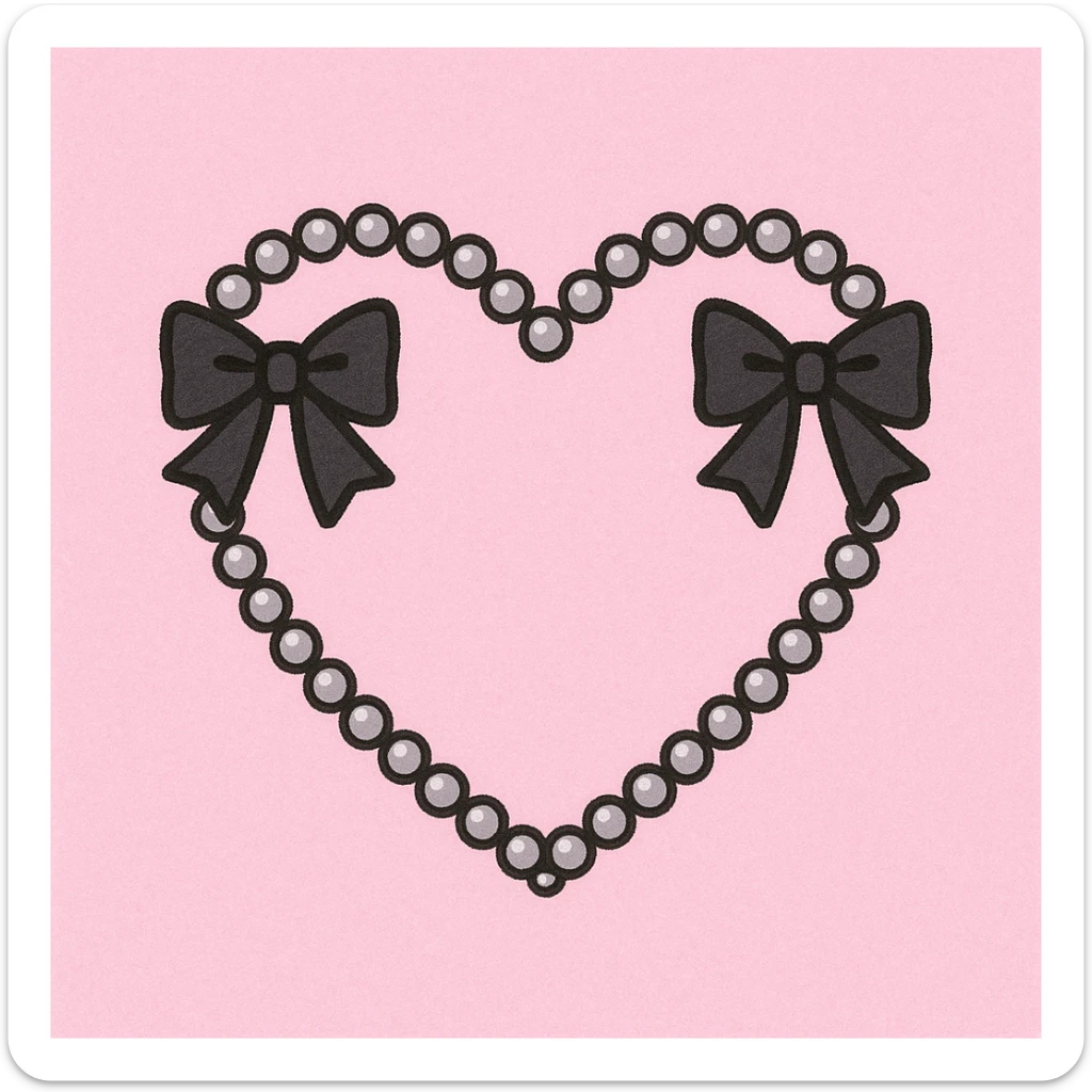 pastel goth heart with black bows and pearls, soft pink and black, cute gothic style sticker