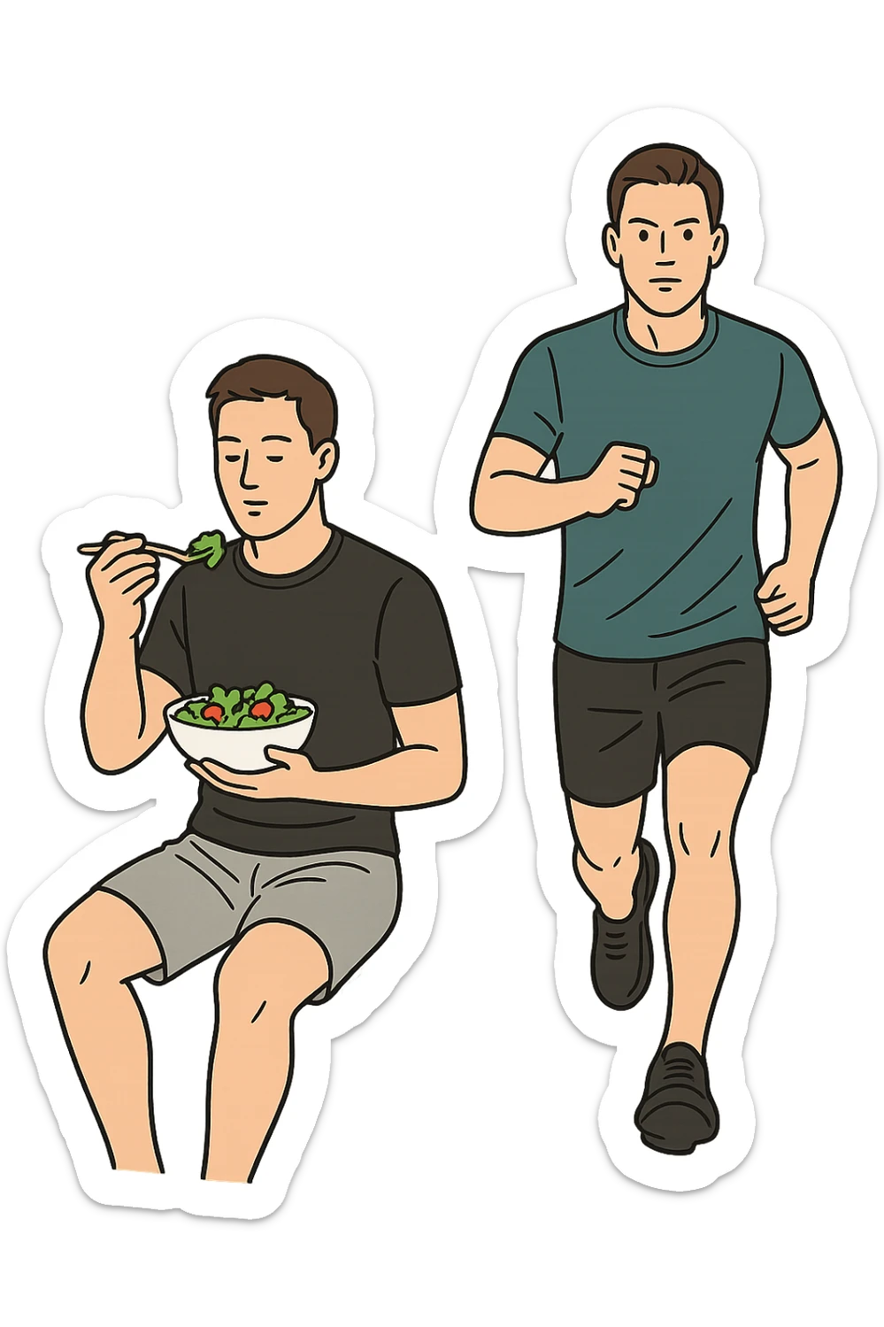 UOMO FITNESS CHE MANGIA INSALATA ACCANTO A UOMO FITNESS CHE CORRE IN POSA FRONTALE sticker