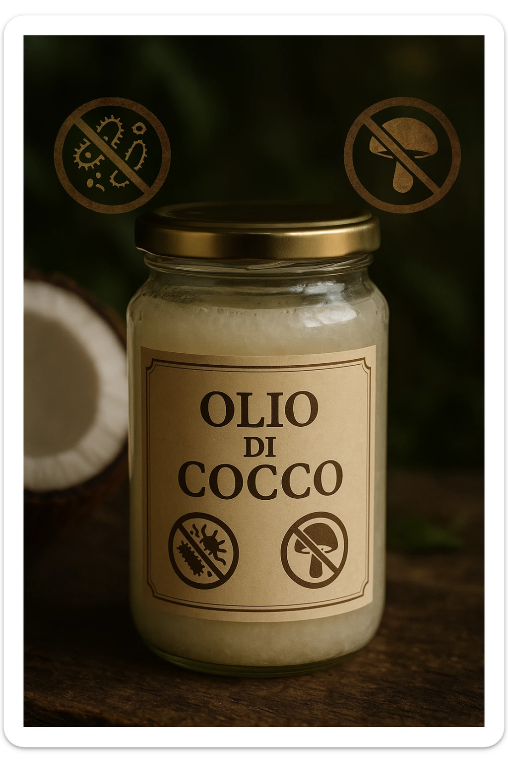 vertical realistic image of a jar of coconut oil with Italian label 'Olio di Cocco', surrounded by symbols indicating action against dysbiosis and fungi (bacteria and fungi crossed out). Cinematic style, natural atmosphere, no other text, vertical 2:3 aspect ratio. sticker