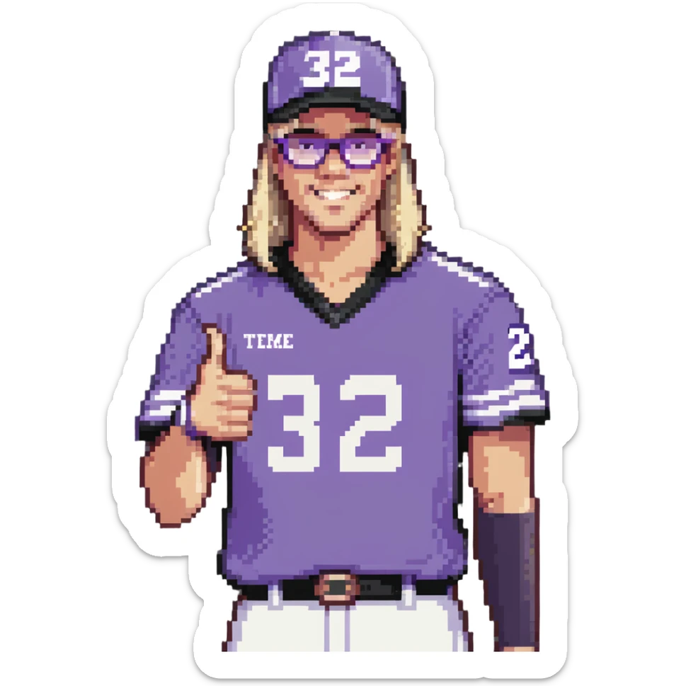 Man with black and white cap, purple sports jersey with number 32, clear glasses, light blond mullet hairstyle, thumbs up gesture sticker