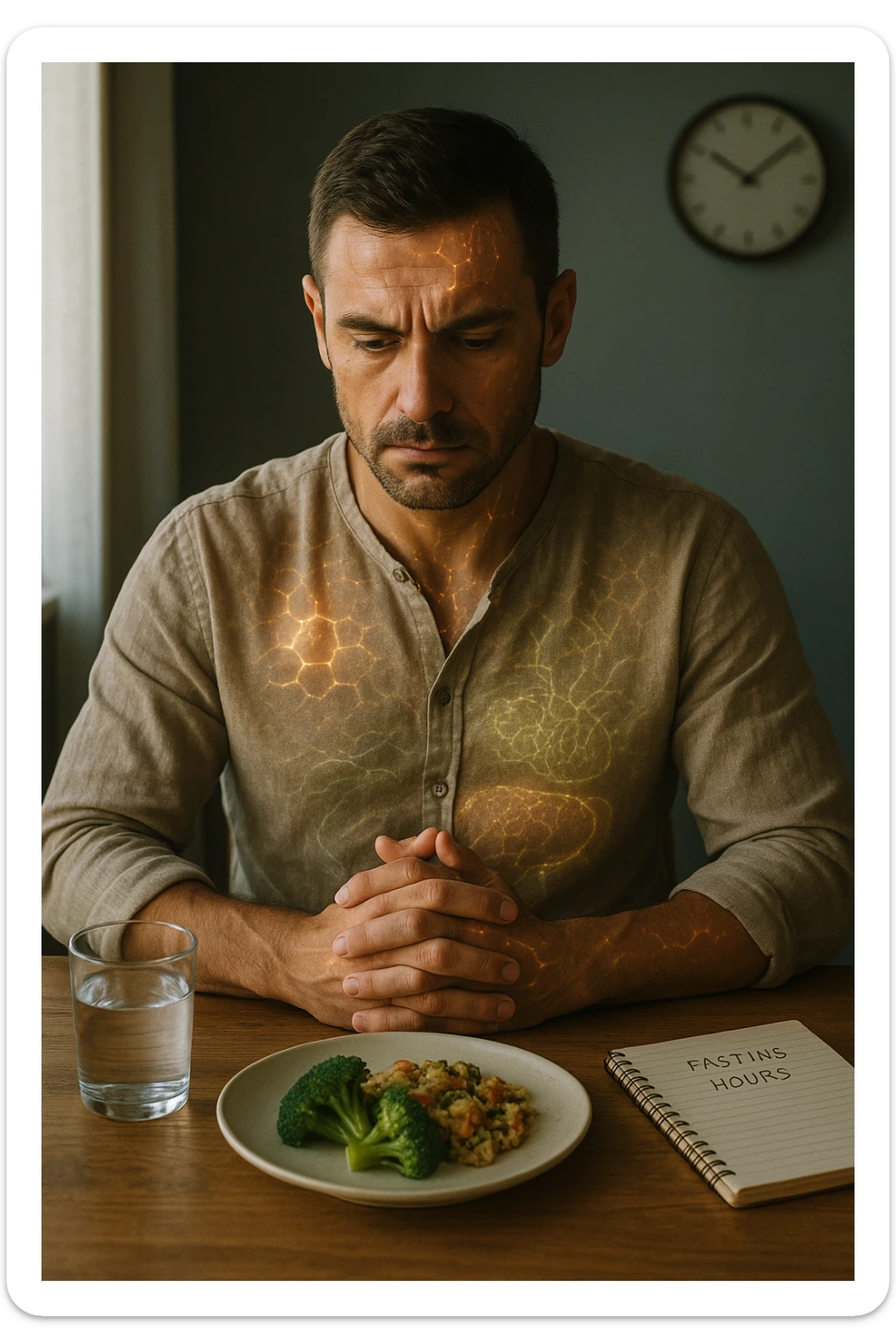 A cinematic close-up of a focused man in his mid-30s with slight beard and tired but determined eyes, sitting alone at a simple wooden table with an untouched plate of food in front of him. His hands are clasped, fingers interlocked in a meditative position over his lower abdomen, symbolizing willpower and internal balance. He wears a lightweight natural fiber shirt, sleeves rolled up. The lighting is soft and natural, early morning light coming from a nearby window. Around him, visual cues of cellular regeneration — faint glowing patterns subtly overlaying his body, especially near the liver, gut, and brain, suggesting autophagy and deep healing. The room is minimalist: a glass of water, a notebook with fasting hours, and a clock in the background ticking calmly. The tone is serene, intentional, and deeply introspective. Shot in 35mm cinematic style, warm highlights and clean shadows. sticker