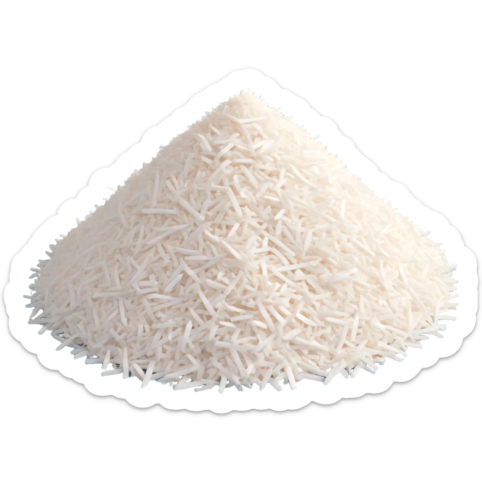 loose scatter or small pile of white grated coconut, fine airy shreds, light slightly uneven texture, pieces vary in length and shape for a natural fluffy appearance, clean 3D rendering, soft lighting, subtle shadows, emoji scale sticker