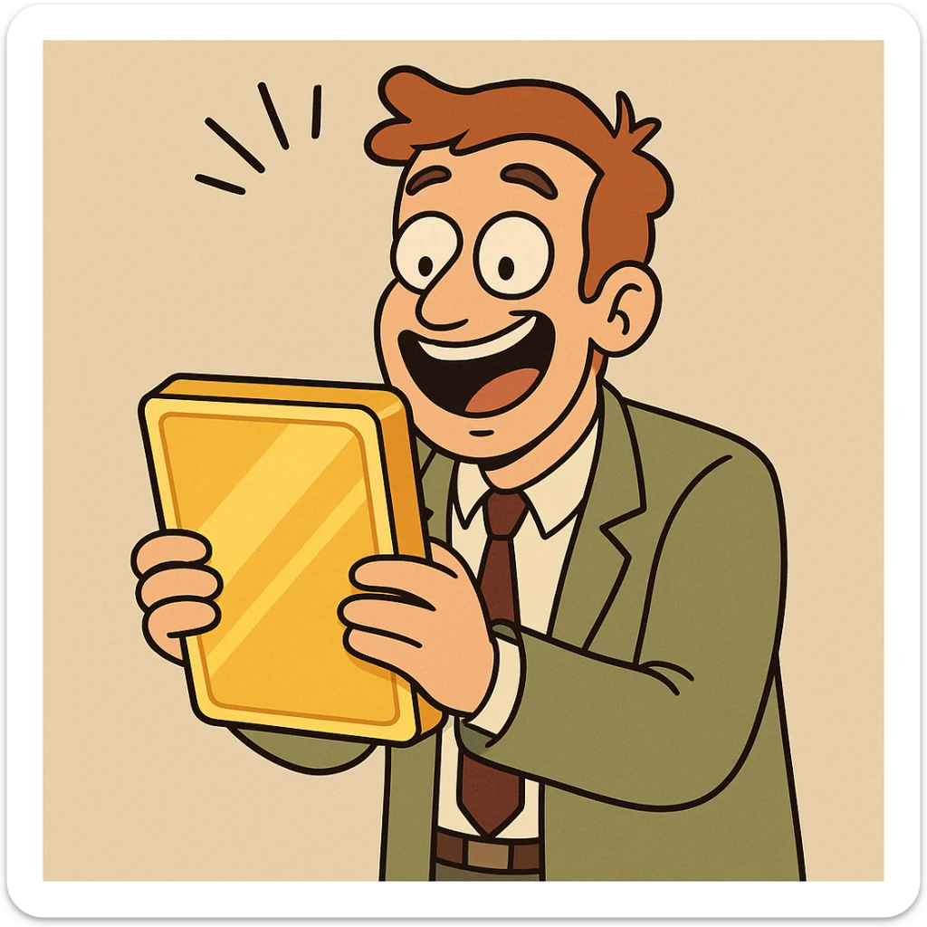 a lucky man with a gold tablet, cartoon style sticker