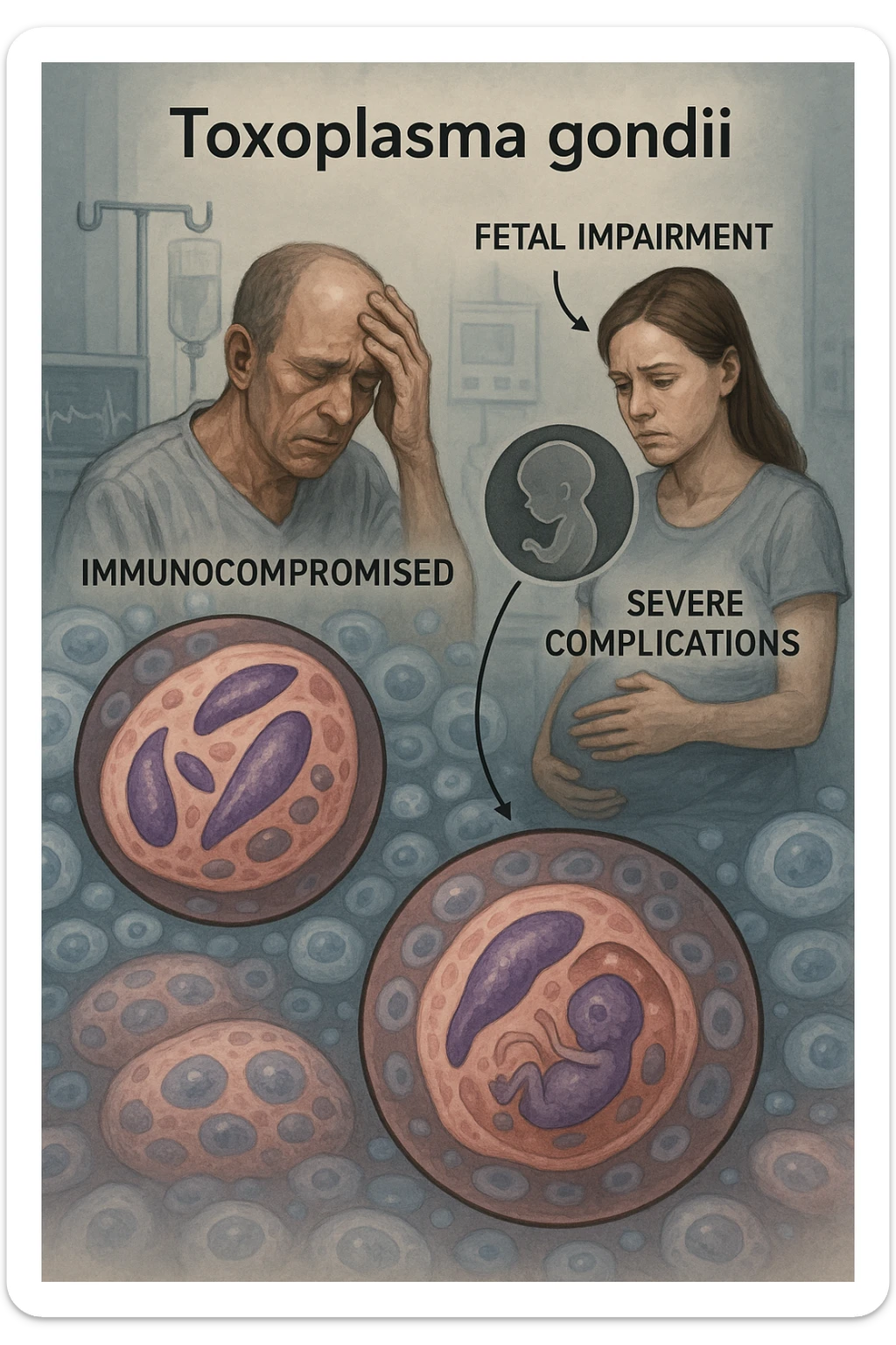Toxoplasma gondii, infetta uomo immunodepresso e donne incinta. Causando gravi problemi tutto scritto in italiano immagine realistica sticker