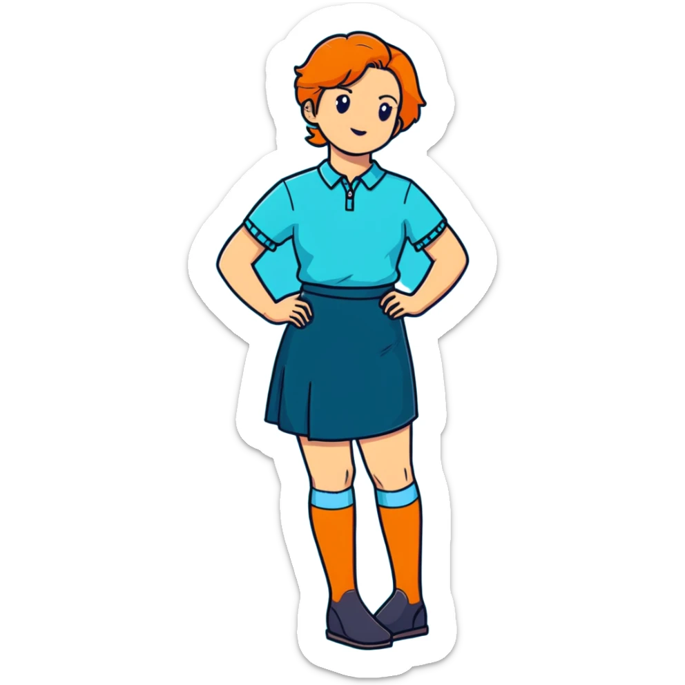 woman wearing teal wrap shirt, blue a-line skirt, light blue knee-high socks sticker