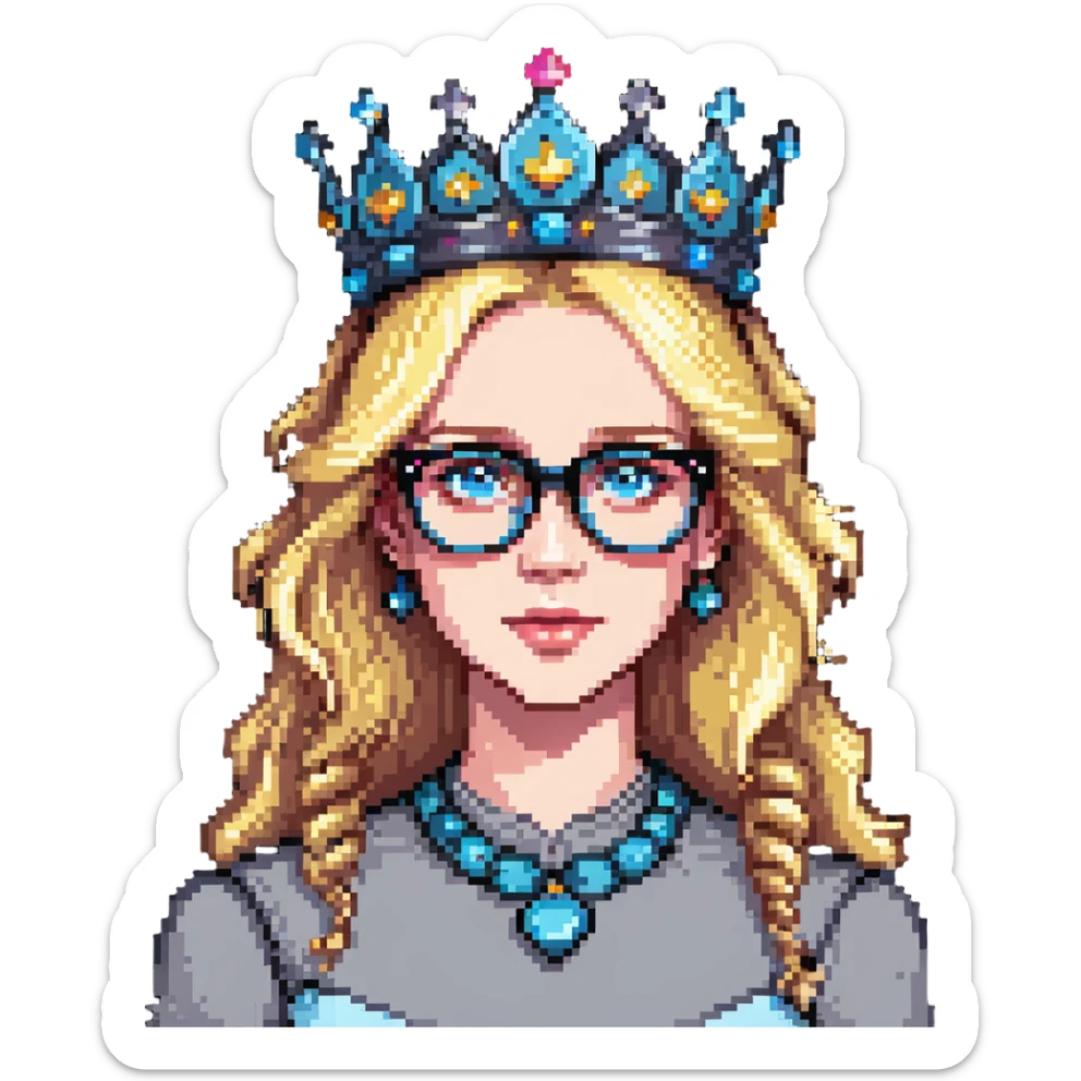 beautiful princess with blonde hair, bright blue eyes, wearing stylish glasses and a crown sticker